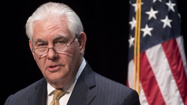 Rex Tillerson akihotubia katika chuo kikuu cha George Mason huko Virginia muda mfupi kabla ya kuanza ziara yake Afrika