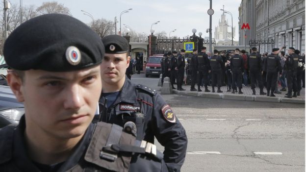 Russian policemen during an opposition rally in central Moscow, Russia, 29 April 2017