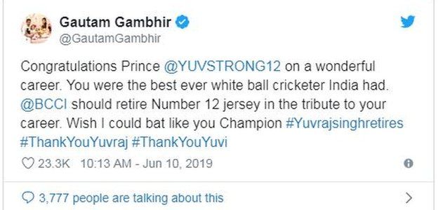 Gautam Gambhir tweet responding to Yuvraj's retirement