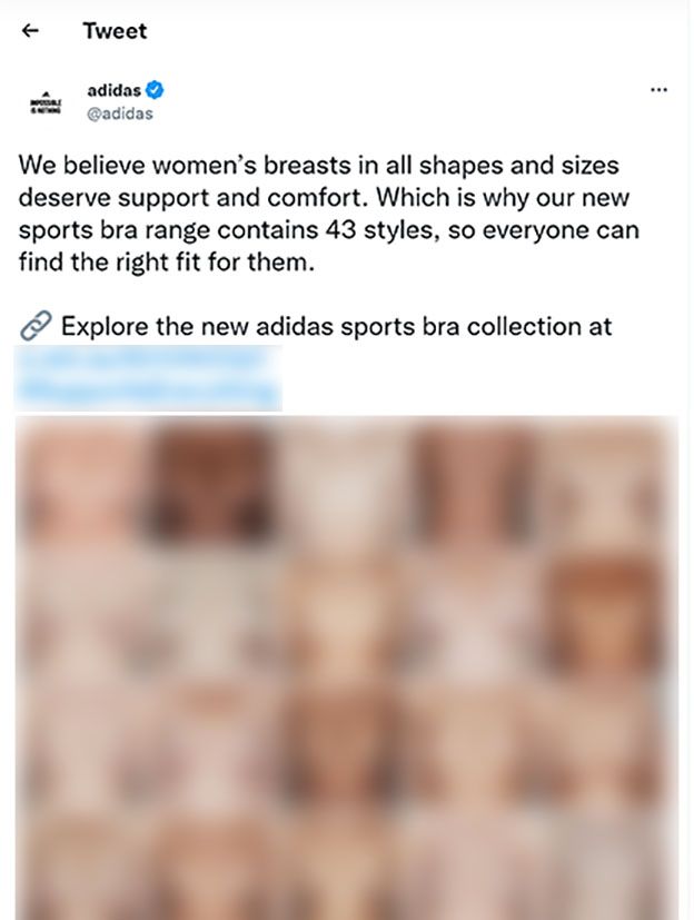 Adidas sports bra advertisement features collage of women's bare breasts