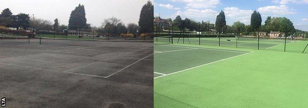 Before and after refurbishment of courts at Sheffield's Millhouses Park