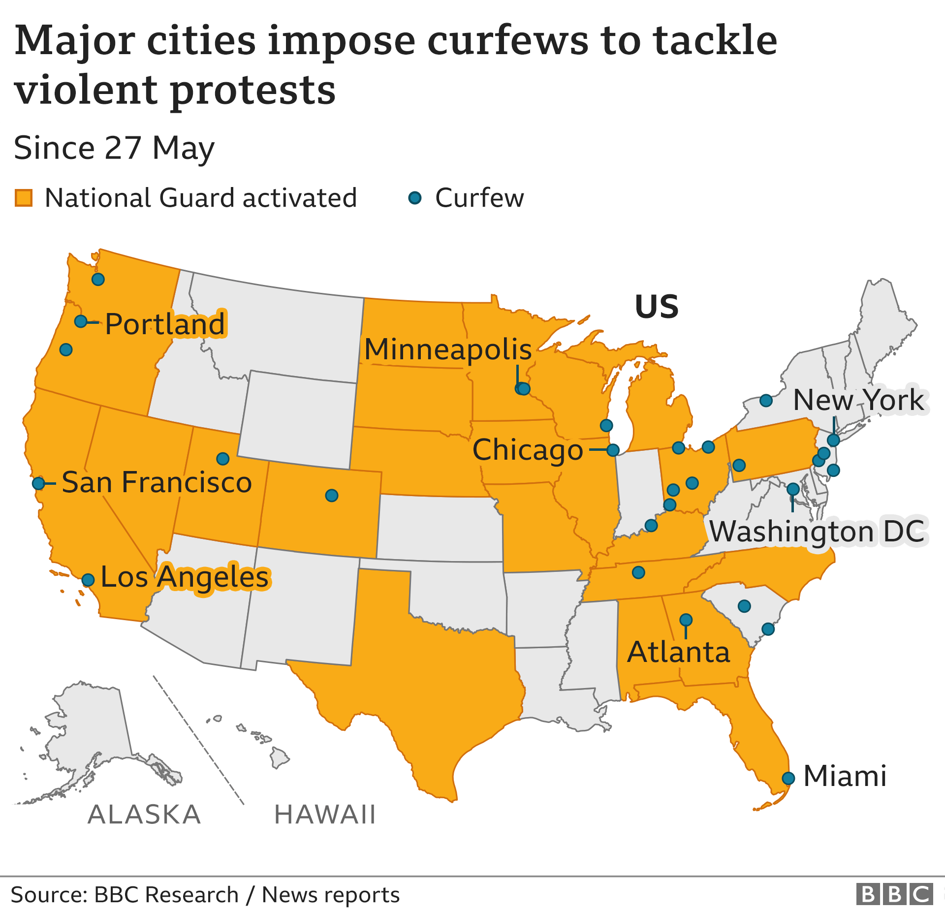 Map of major cities that have imposed curfews to tackle violent protests