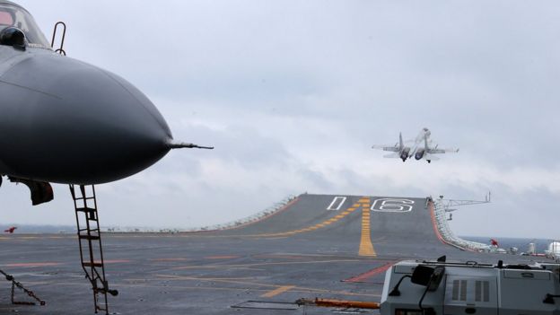 A fighter takes off from China's Liaoning aircraft carrier in an area of South China Sea, 2 January 2017.