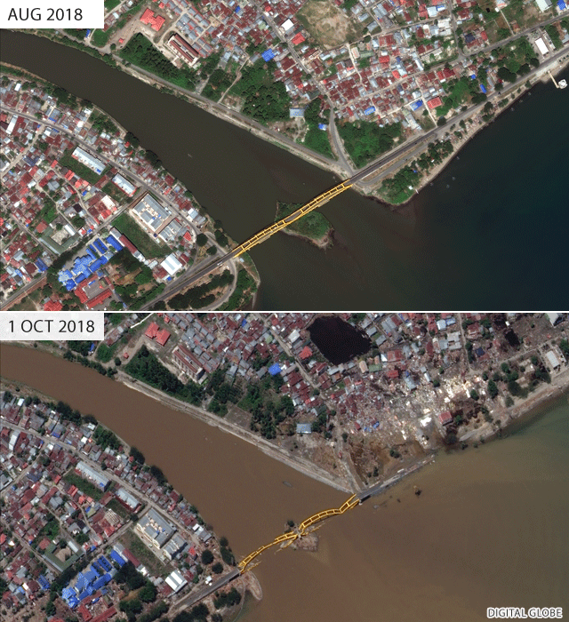 Palu bridge before and after