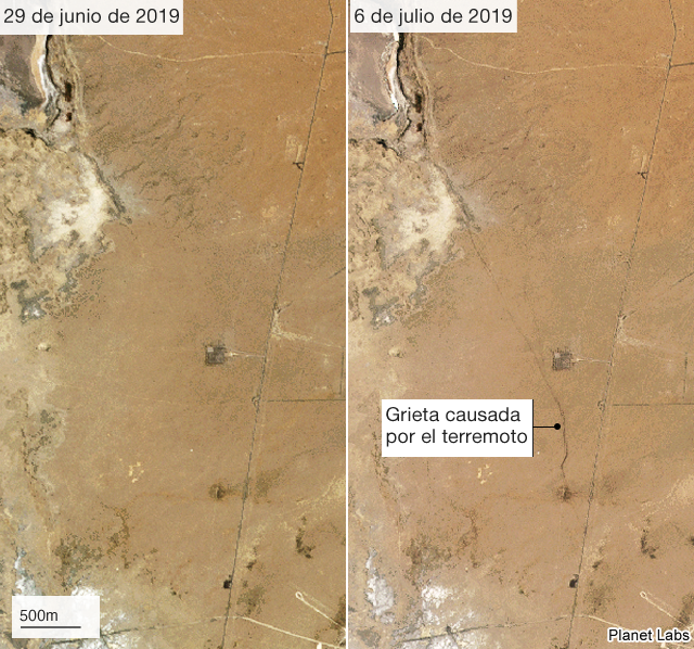 Imágenes satelitales del antes y el después del terremoto del 6 de julio en California.