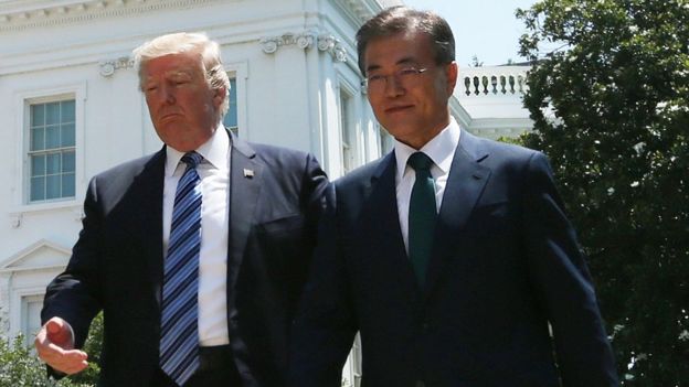 US President Donald Trump and South Korean President Moon Jae-in following a joint statement at the White House, 30 June 2017