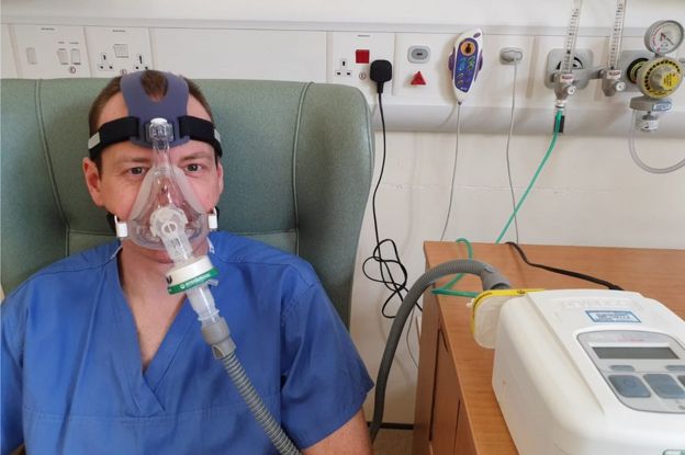 Tom Lawton testing a CPAP device usually used for sleep apnoea