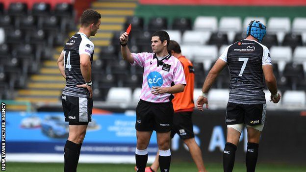 George North is shown a red card by referee Adam Jones in the Ospreys 20-20 draw with Dragons