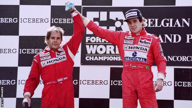 McLaren drivers Gerhard Berger and Ayrton Senna on the podium at the 1991 Belgium Grand Prix