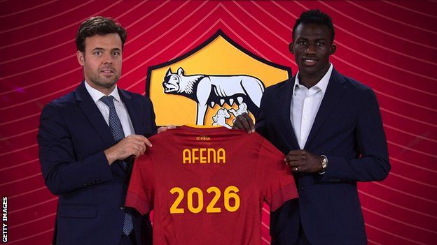 Felix Afena-Gyan (right) with AS Roma general manager Tiago Pinto