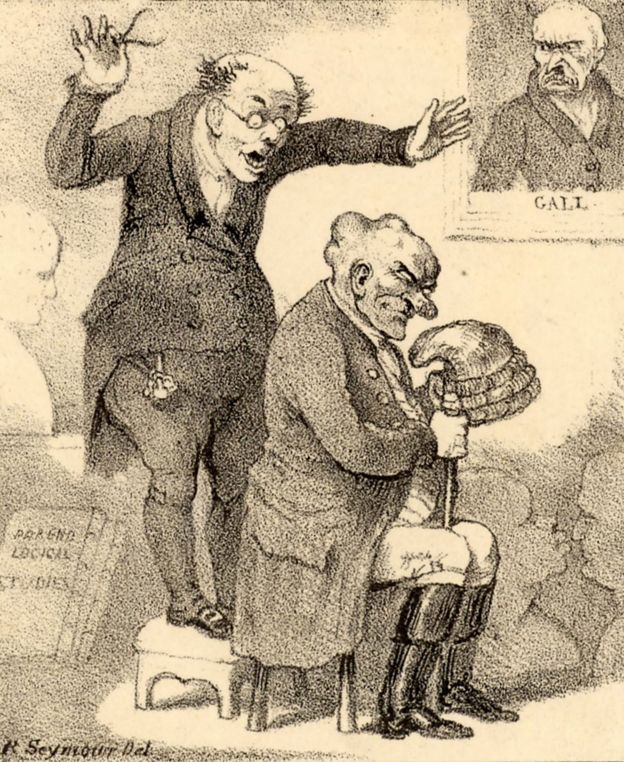 Un frenólogo sorprendido por la cabeza de su sujeto. Caricatura de Robert Seymour (1800-1836) en el apogeo de la frenología.