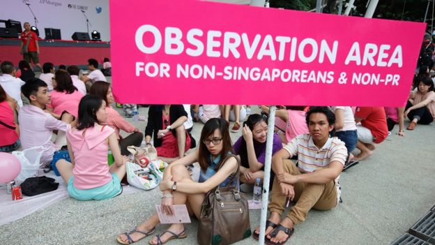 Separate observation area for non-Singaporean and non-permanent resident is designated during the 'Pink Dot SG' event at Hong Lim Park on June 13, 2015 in Singapore.