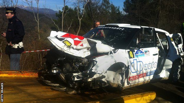 The wreckage of Robert Kubica's Skoda Fabia after crashing during the Ronde di Andora Rally in Liguria in 2011