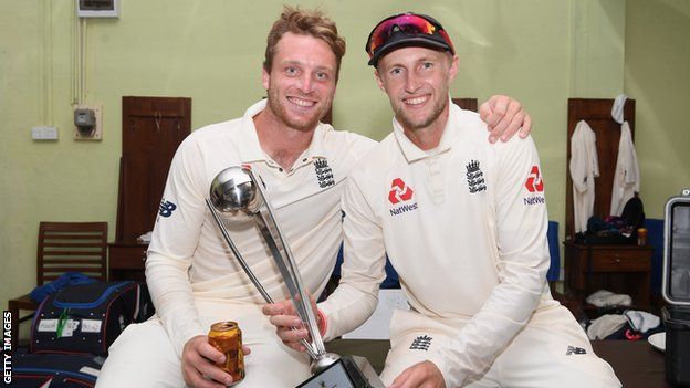 Vice-captain Jos Buttler and captain Joe Root celebrate England's series win in Sri Lanka