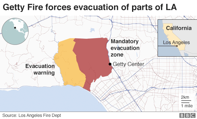 Map showing evacuation zones due to Getty Fire