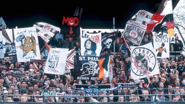 St Pauli fans display banners during a 2001 Bundesliga match