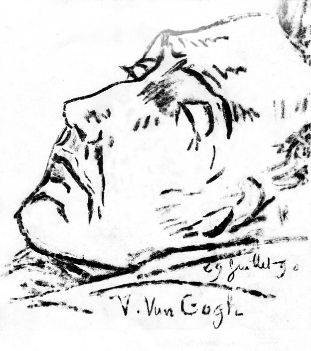 Vincent Van Gogh acostado con los ojos cerrados y la parte superior de la oreja perfectamente intacta.