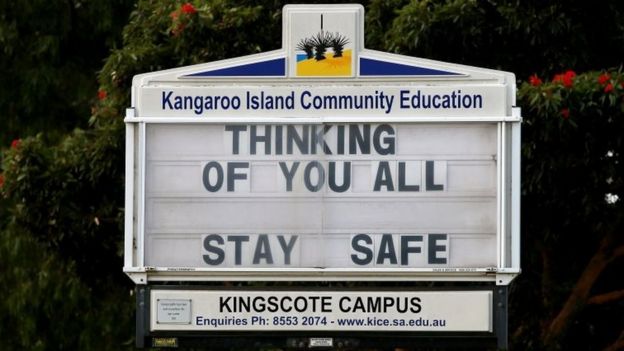 A community message is displayed in the street by the Kangaroo Island Community School on January 09, 2020 in Kingscote, Australia.