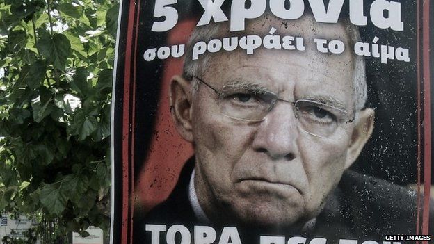 Image of German Finance Minister Wolfgang Schaeuble on Greek referendum poster