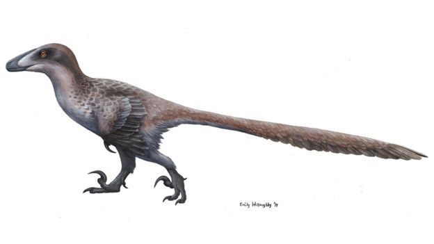 Ilustración de un dinosaurio con plumas del género Deinónico