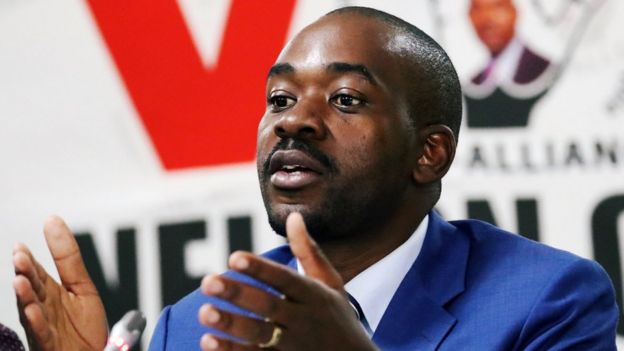 Opposition Movement for Democratic Change (MDC) party leader Nelson Chamisa addresses a media conference in Harare, 29 July 2018