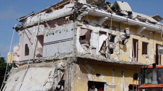 The badly damaged building of Nasa-Hablod hotel stands in Mogadishu, Somalia, on 26 June