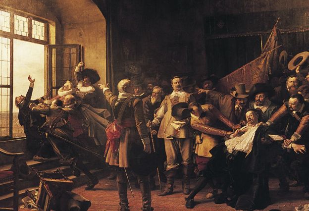Pintura mostrando a hombres agarrando a los católicos y llevándolos hacia la ventana