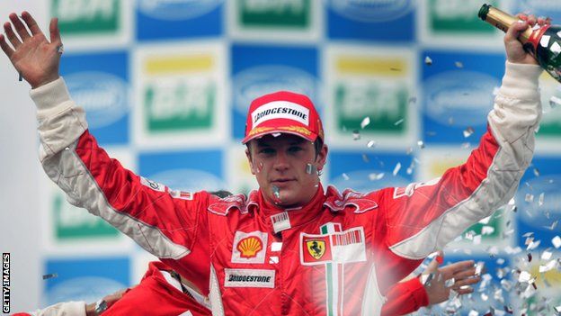 Kimi Raikkonen celebrates winning the 2007 F1 world title for Ferrari