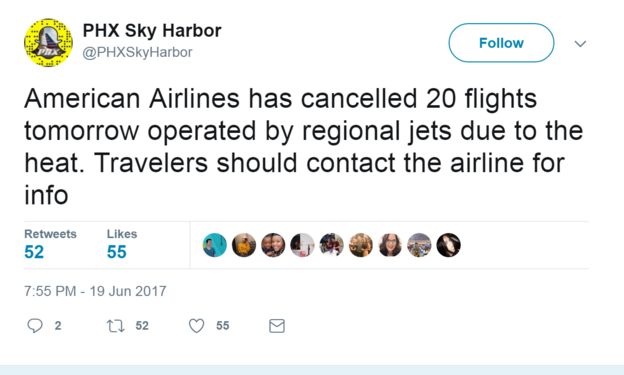 Tweet from @PHXSkyHarbour: American Airlines has cancelled 20 flights tomorrow operated by regional jets due to the heat. Travelers should contact the airline for info