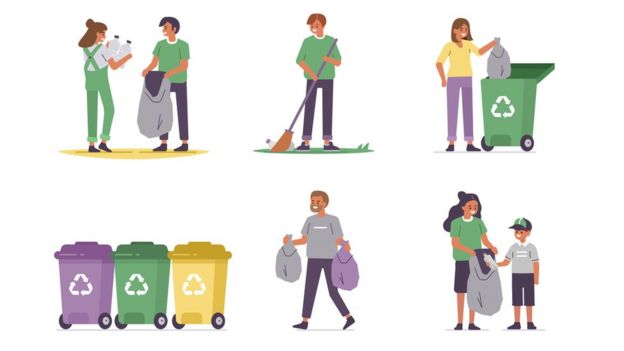 Ilustração de pessoas fazendo reciclagem
