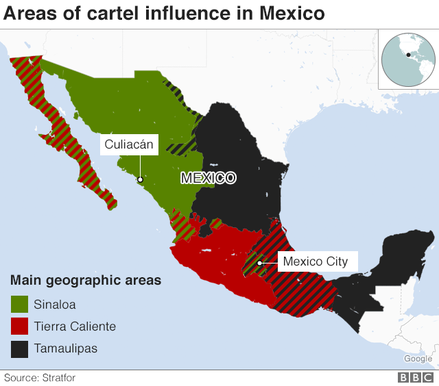 Map showing areas of cartel influence in Mexico