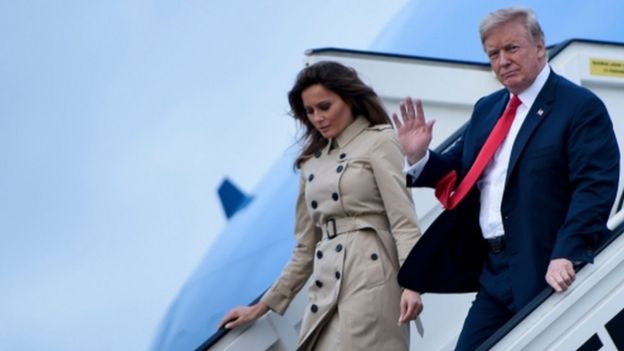 US President Donald Trump and first lady Melania Trump arrive at Melsbroek air base in Belgium, 10 July 2018