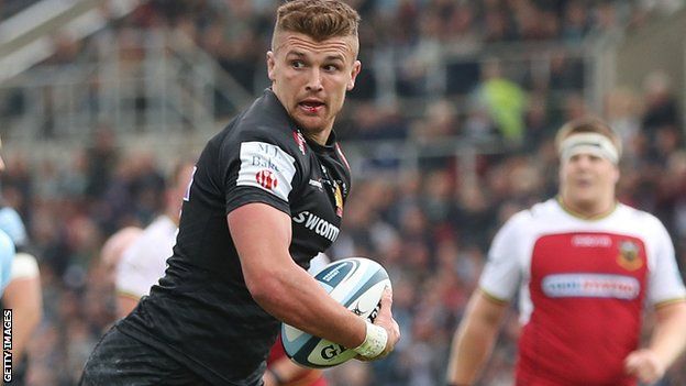 Henry Slade scores the first of Exeter's tries against Northampton
