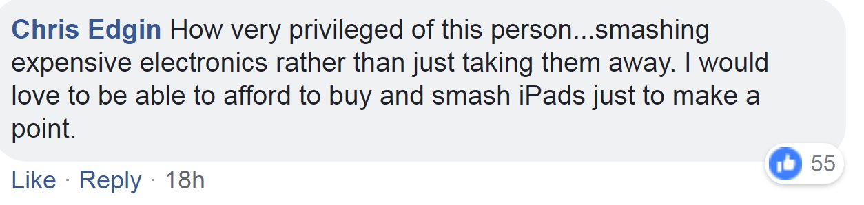 How very privileged of this person...smashing expensive electronics rather than just taking them away. I would love to be able to afford to buy and smash iPads just to make a point.