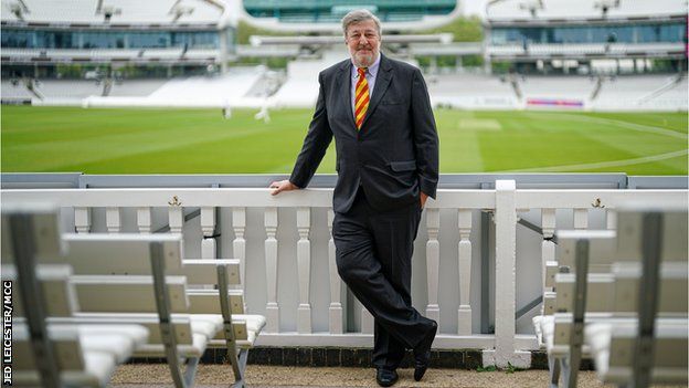 Next MCC president Stephen Fry leans next to the boundary at Lord's