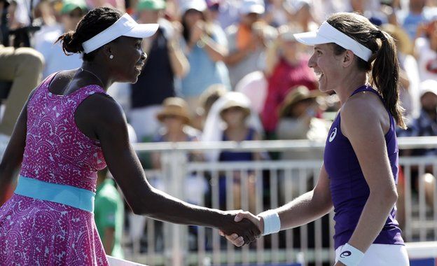 Venus Williams (left) congratulates Johanna Konta in Stanford