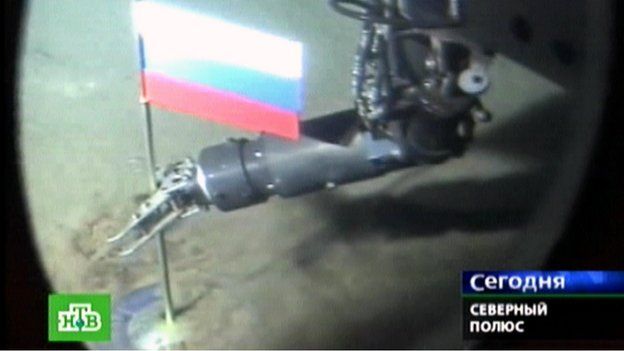 A TV grab showing a Russian flag being placed on the seabed of the Arctic ocean bed - 2 August 2007