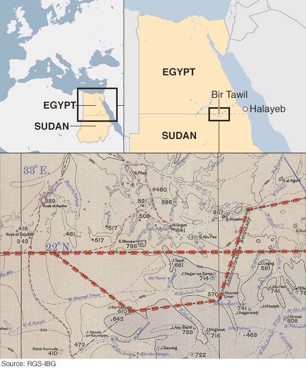 Map showing the border between Sudan and Egypt, and the location of Bir Tawil and Halayeb - courtesy of the Royal Geographical Society, which is supporting the project