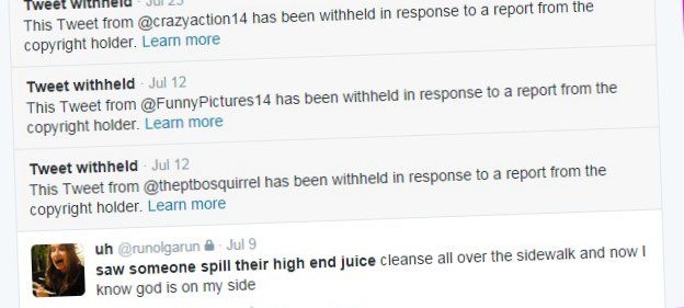 Tweets which read 'This tweet has been withheld in response to a report from the copyright holder'