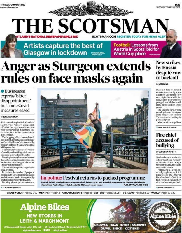 Scotland's papers Row as face masks rules extended again BBC News
