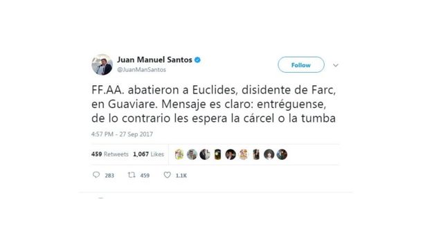Mensaje en Twitter del presidente de Colombia, Juan Manuel Santos