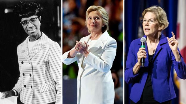 Female Democratic presidential hopefuls: (left to right) Shirley Chisholm, Hillary Clinton, Elizabeth Warren
