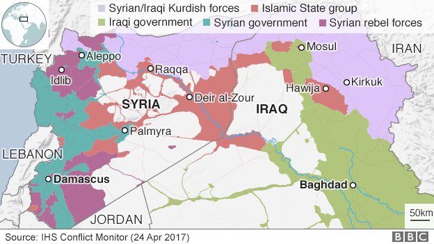 Map showing control of Syria and Iraq (24 April 2017)