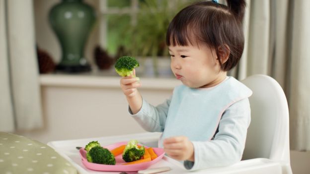 Criança com um brócolis na mão