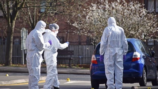 Police forensics officers searching for evidence in Chandos Street, Coventry, after the death of a 16-year-old boy following a stabbing