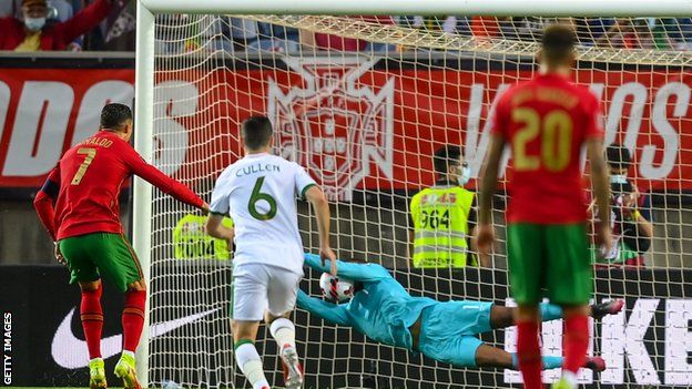 Republic goalkeeper Gavin Bazunu saves Ronaldo's first-half penalty in Faro