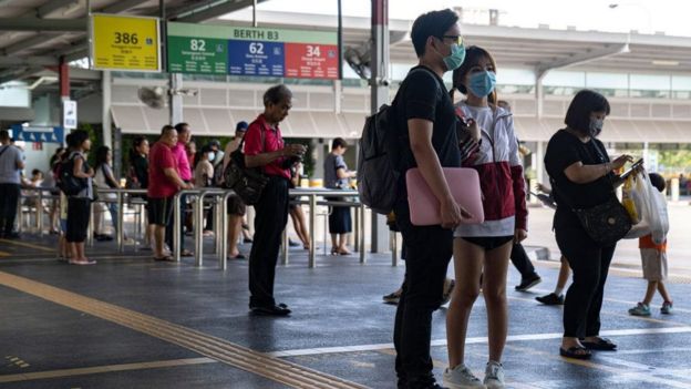 Pessoas em estação de transporte público usando máscaras faciais