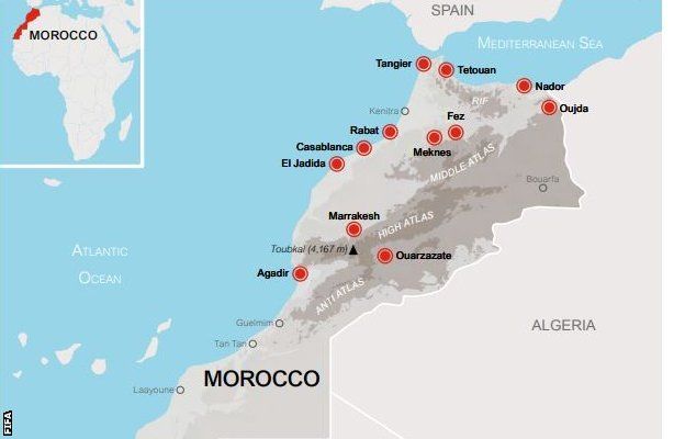 Morocco map with host cities marked on it