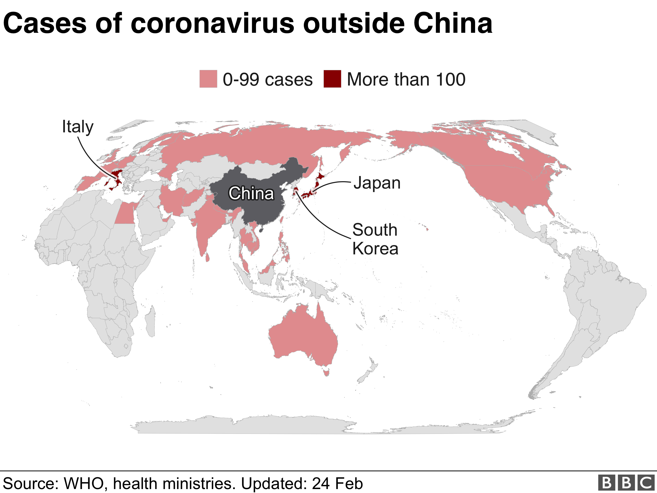 Global map of coronavirus cases outside China