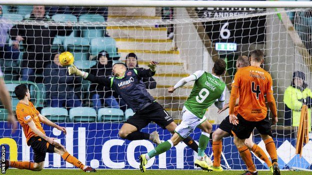 Doidge scores the first of two goals which helped send Hibernian into the last-16 of the Scottish Cup